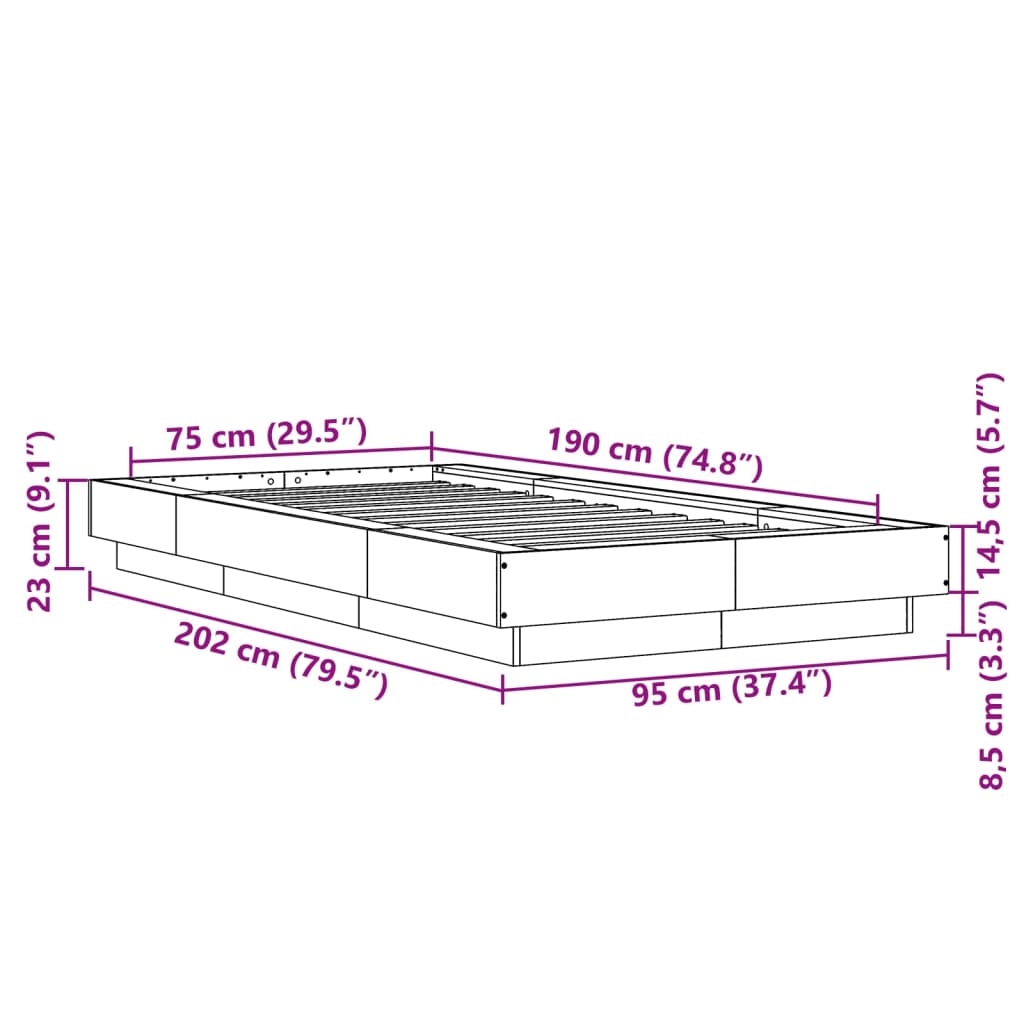 vidaXL Πλαίσιο Κρεβατιού Γκρι Sonoma 75x190 εκ. Επεξεργασμένο Ξύλο