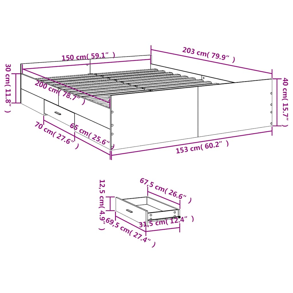 vidaXL Πλαίσιο Κρεβατιού με Συρτάρια Μαύρο 150 x 200 εκ. Επεξεργ. Ξύλο