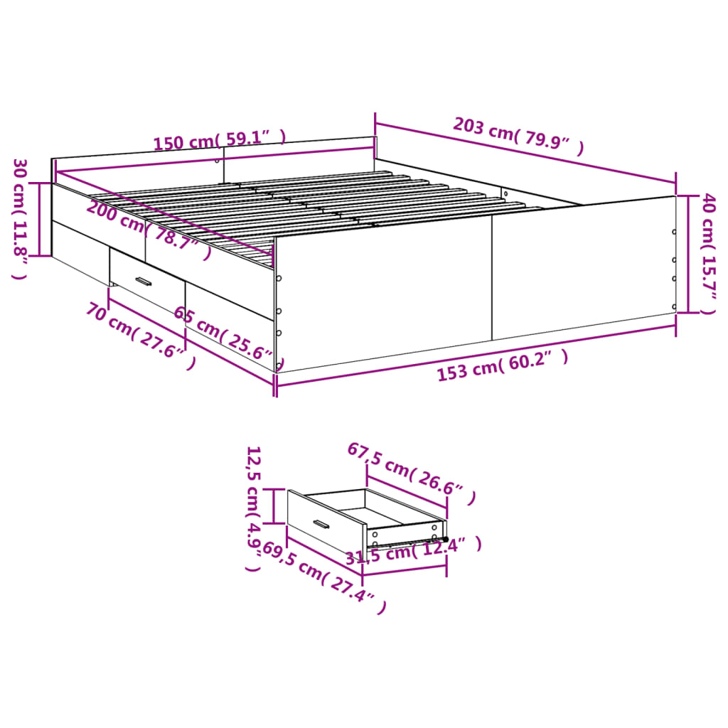 vidaXL Πλαίσιο Κρεβατιού με Συρτάρια Γκρι Sonoma 150x200εκ. Επεξ. Ξύλο