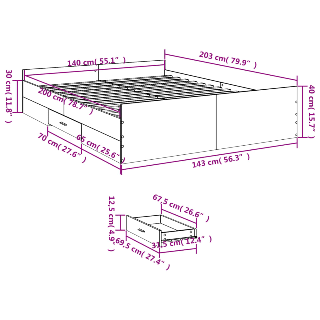 vidaXL Πλαίσιο Κρεβατιού με συρτάρια Γκρι sonoma 140x200εκ. Επεξ. Ξύλο