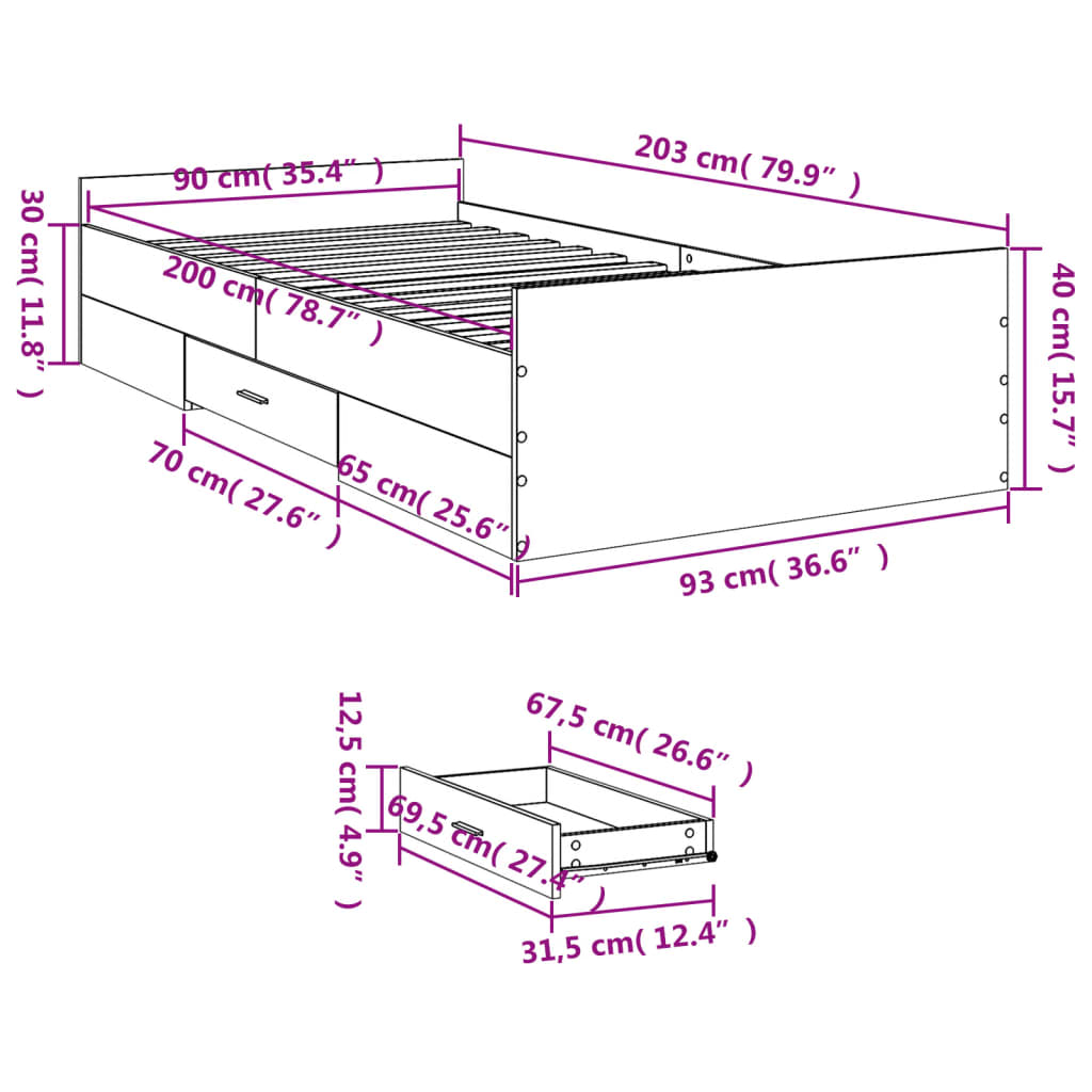 vidaXL Πλαίσιο Κρεβατιού με συρτάρια Sonoma Δρυς 90x200εκ. Επεξ. Ξύλο