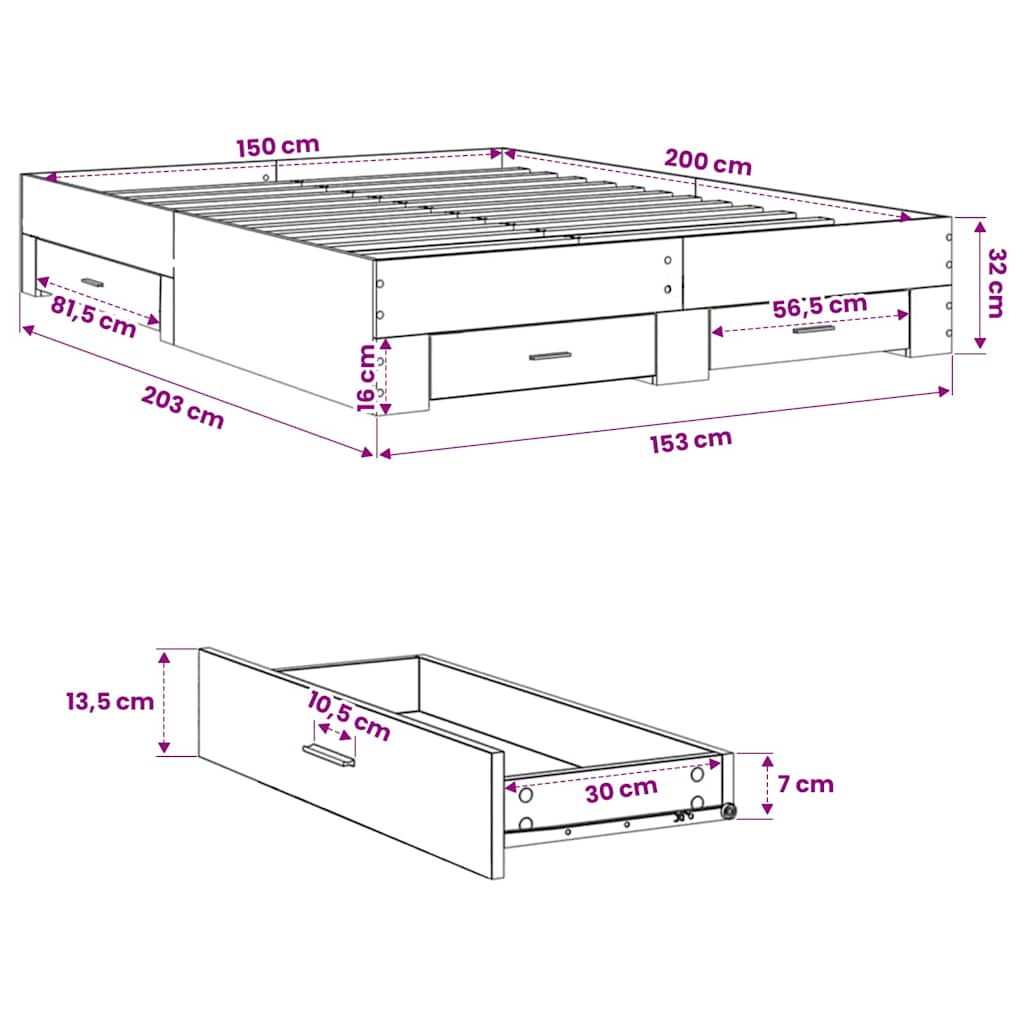 vidaXL Πλαίσιο Κρεβατιού με Συρτάρια Sonoma Δρυς 150x200εκ. Επεξ. Ξύλο