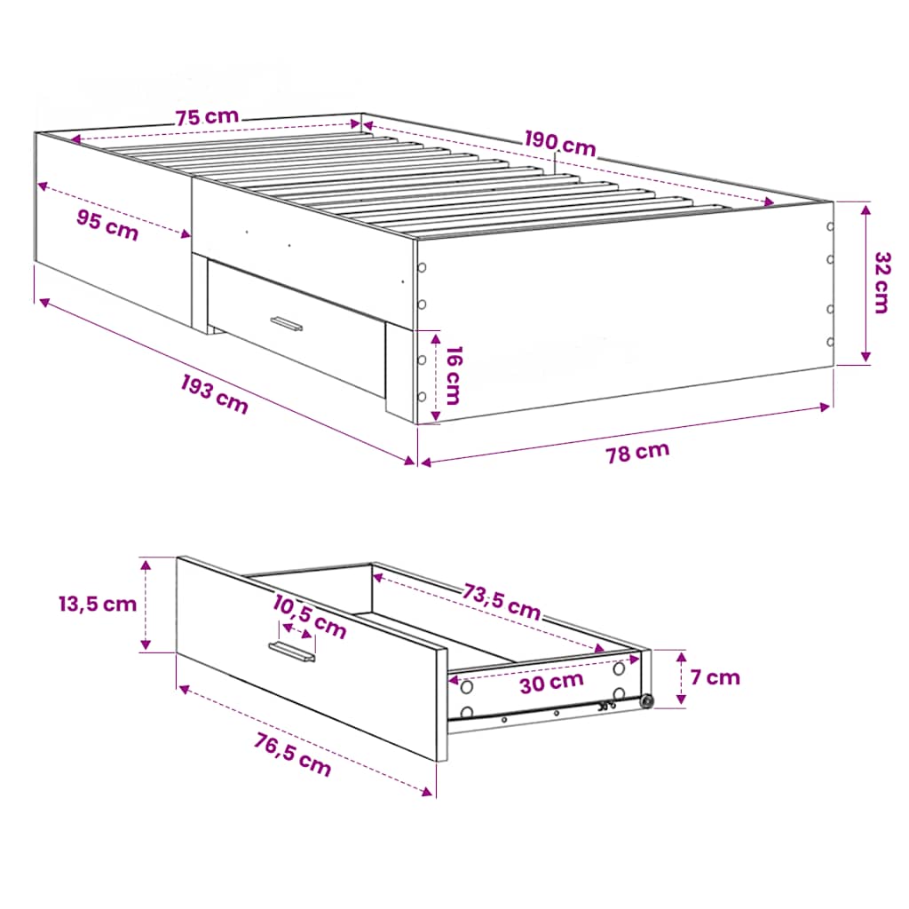 vidaXL Πλαίσιο Κρεβατιού με Συρτάρια Καφέ Δρυς 75x190 εκ.