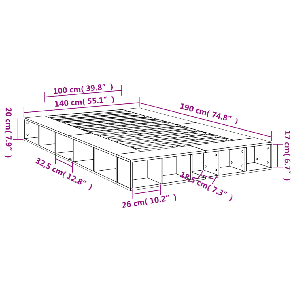 vidaXL Πλαίσιο Κρεβατιού Γκρι Sonoma 140x190 εκ. Επεξεργασμένο Ξύλο