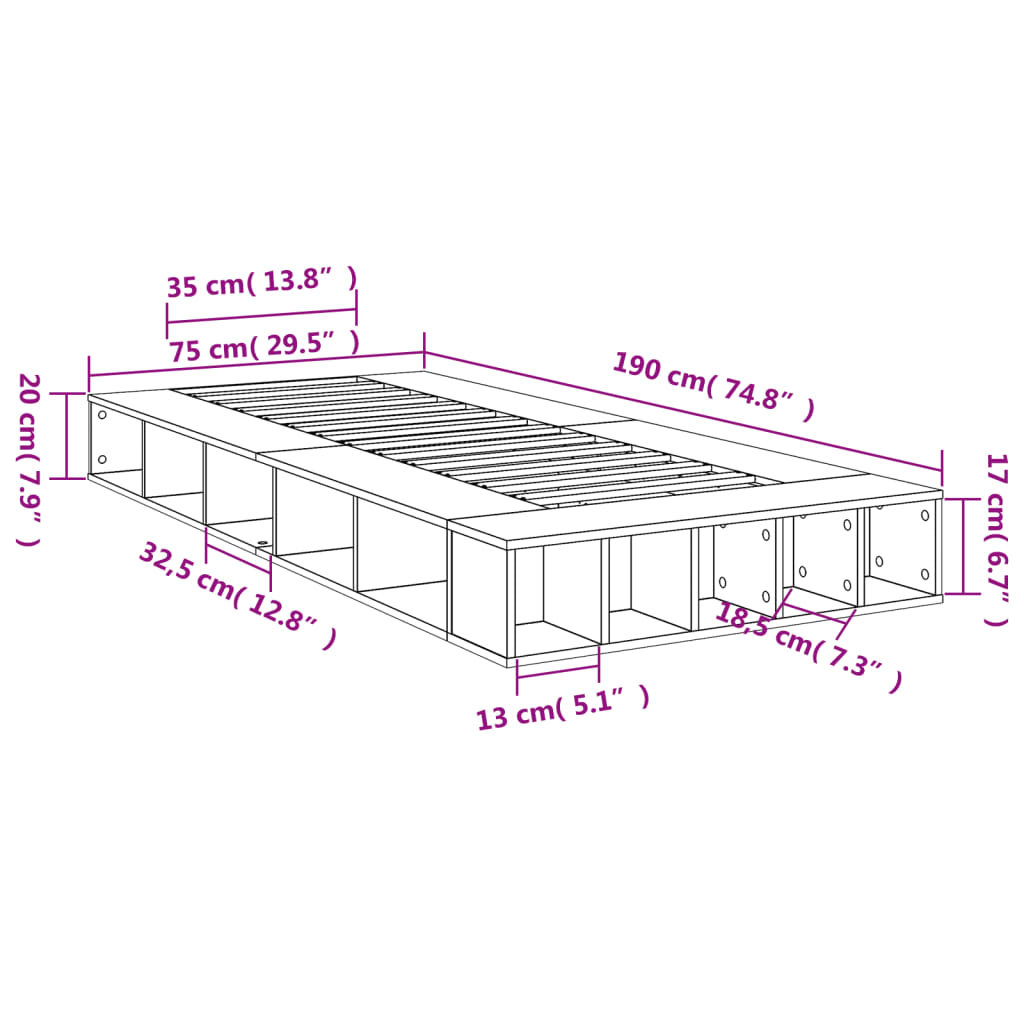 vidaXL Πλαίσιο Κρεβατιού Γκρι Sonoma 75x190 εκ. Επεξεργασμένο Ξύλο