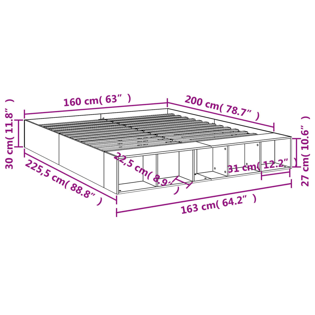 vidaXL Πλαίσιο Κρεβατιού Γκρι Σκυροδέματος 160x200 εκ. Επεξεργ. Ξύλο