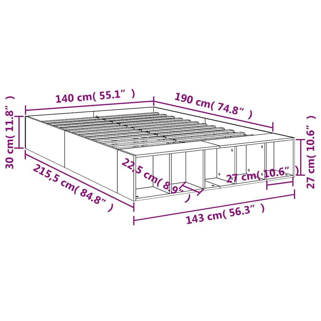 vidaXL Πλαίσιο Κρεβατιού Γκρι Σκυροδέματος 140x190 εκ. Επεξεργ. Ξύλο