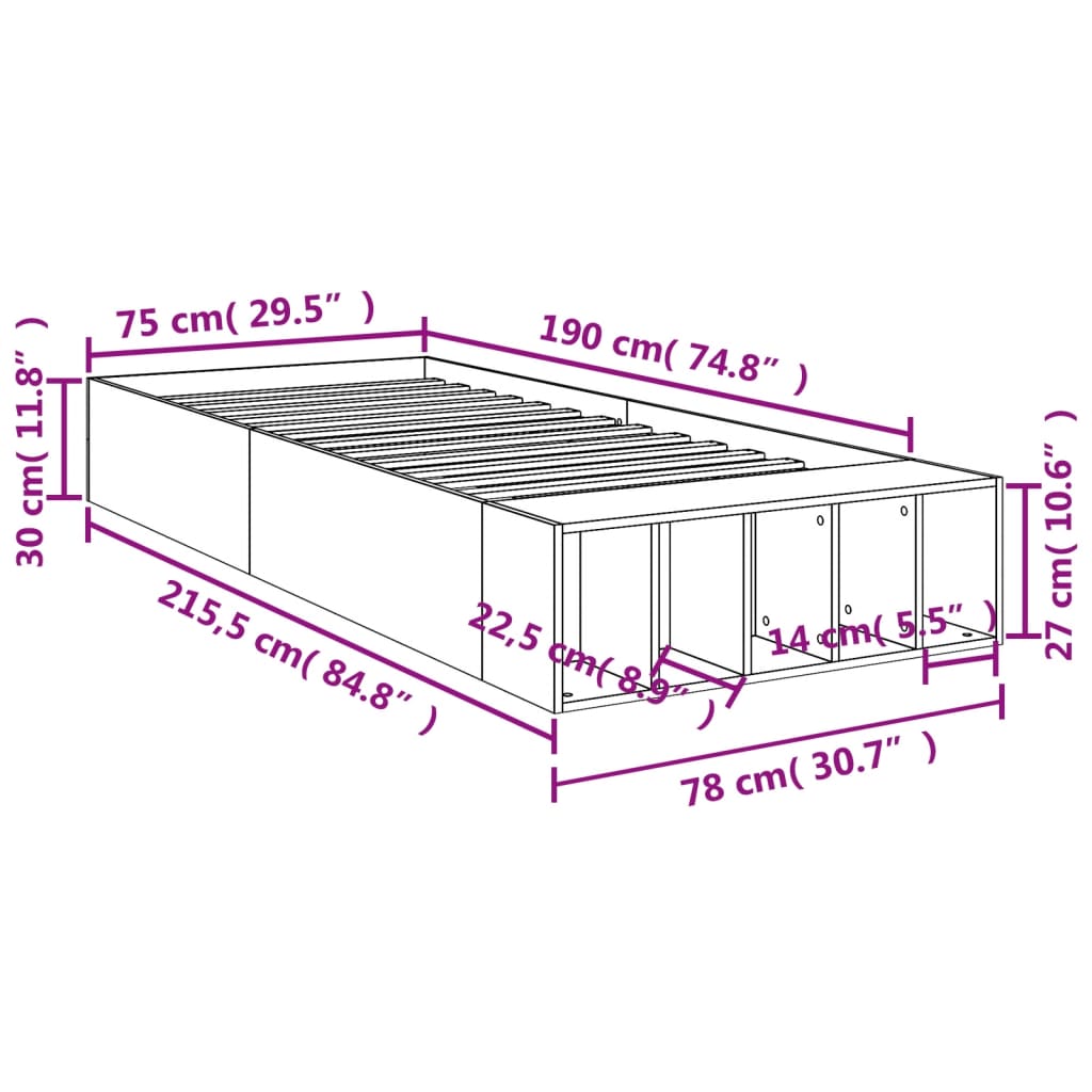 vidaXL Πλαίσιο Κρεβατιού Γκρι Σκυροδέματος 75 x 190 εκ. Επεξεργ. Ξύλο