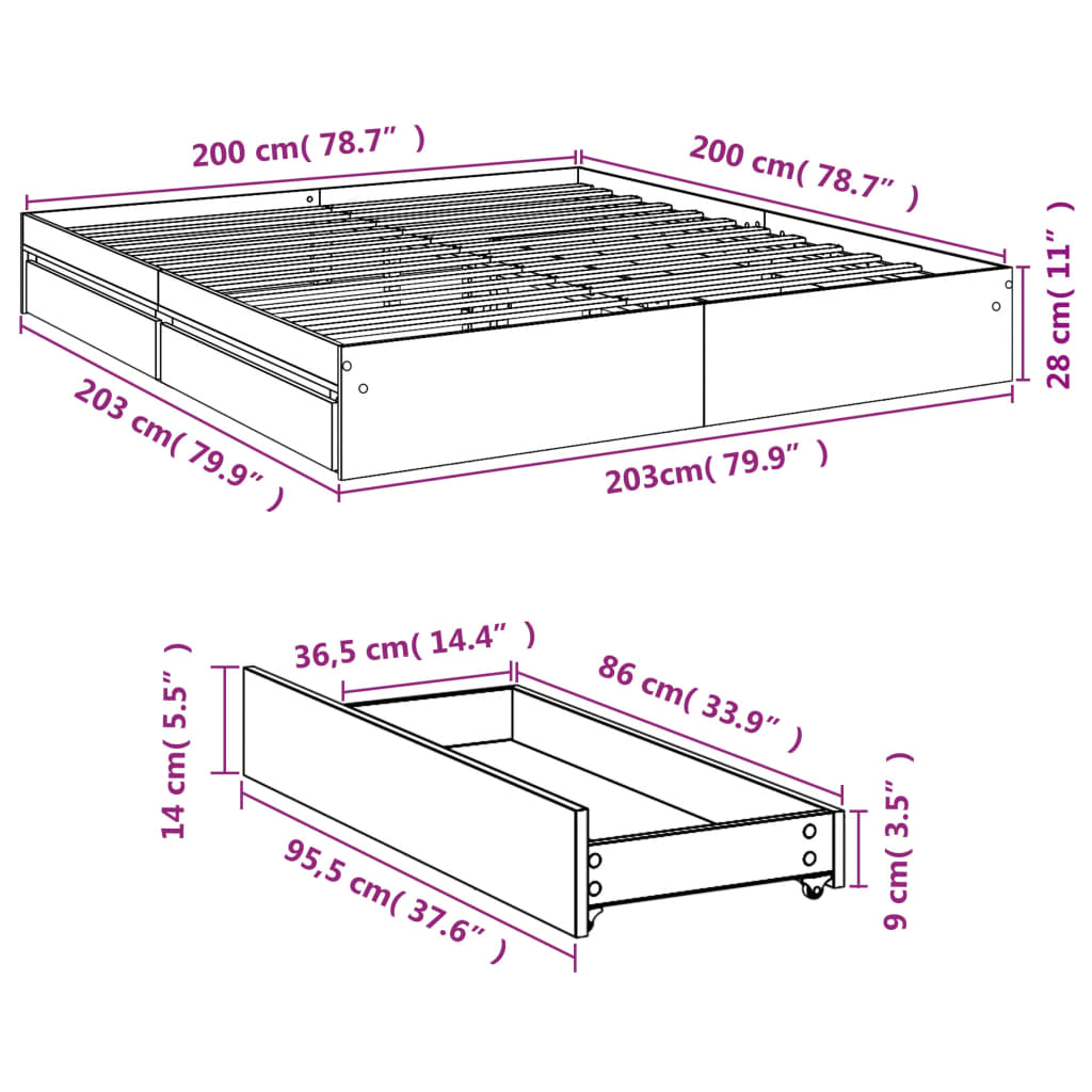 vidaXL Πλαίσιο Κρεβατιού με συρτάρια Sonoma Δρυς 200x200εκ. Επεξ. Ξύλο