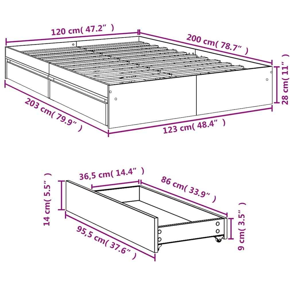 vidaXL Πλαίσιο Κρεβατιού με συρτάρια Sonoma Δρυς 120x200εκ. Επεξ. Ξύλο