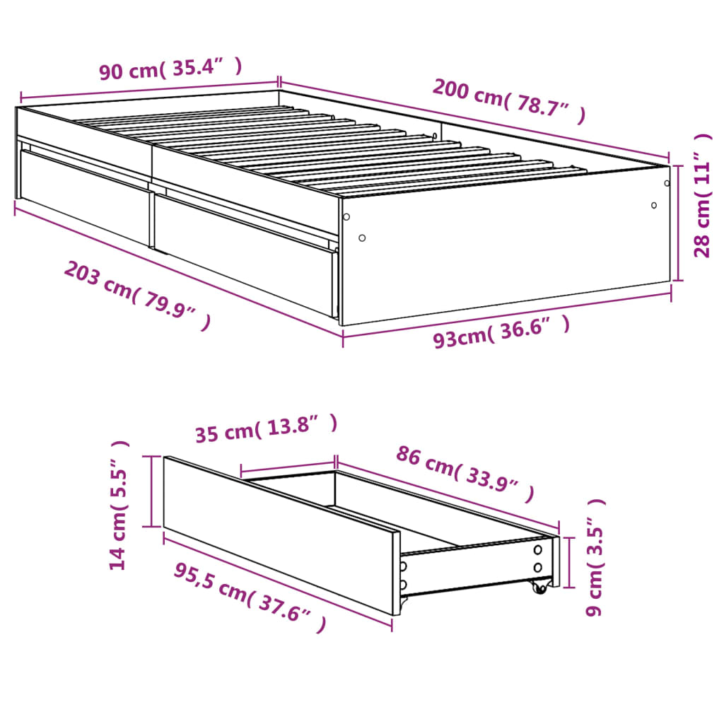 vidaXL Πλαίσιο Κρεβατιού με συρτάρια Γκρι sonoma 90x200εκ. Επεξ. Ξύλο