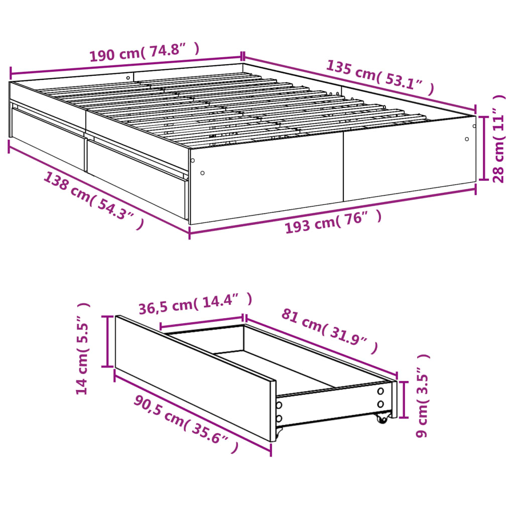 vidaXL Πλαίσιο Κρεβατιού με συρτάρια Sonoma Δρυς 135x190εκ. Επεξ. Ξύλο
