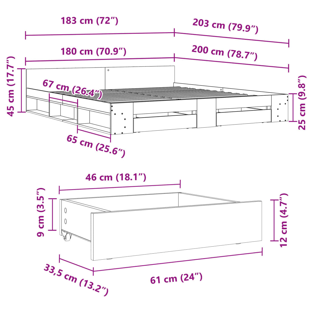 vidaXL Πλαίσιο Κρεβατιού με συρτάρια Sonoma Δρυς 180x200εκ. Επεξ. Ξύλο