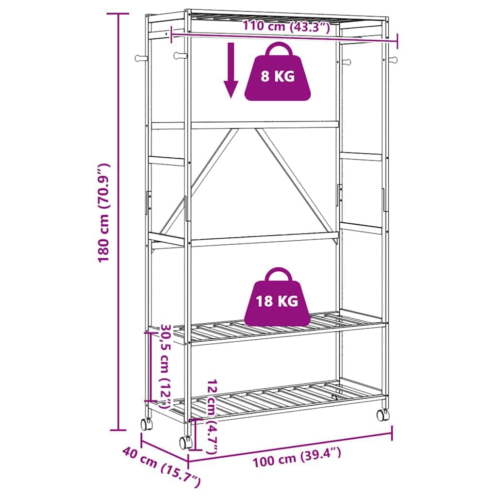 vidaXL Ράφι ρούχων με ράφια και ρόδες 110x40x180 εκ. Μπαμπού