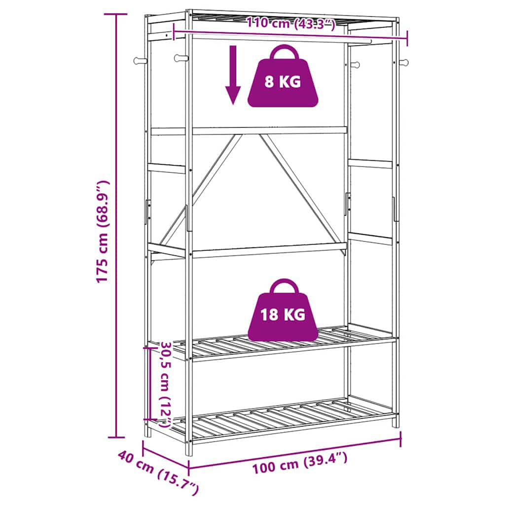 vidaXL Κρεμάστρα Ρούχων με Ράφια 110x40x175 εκ. Μπαμπού