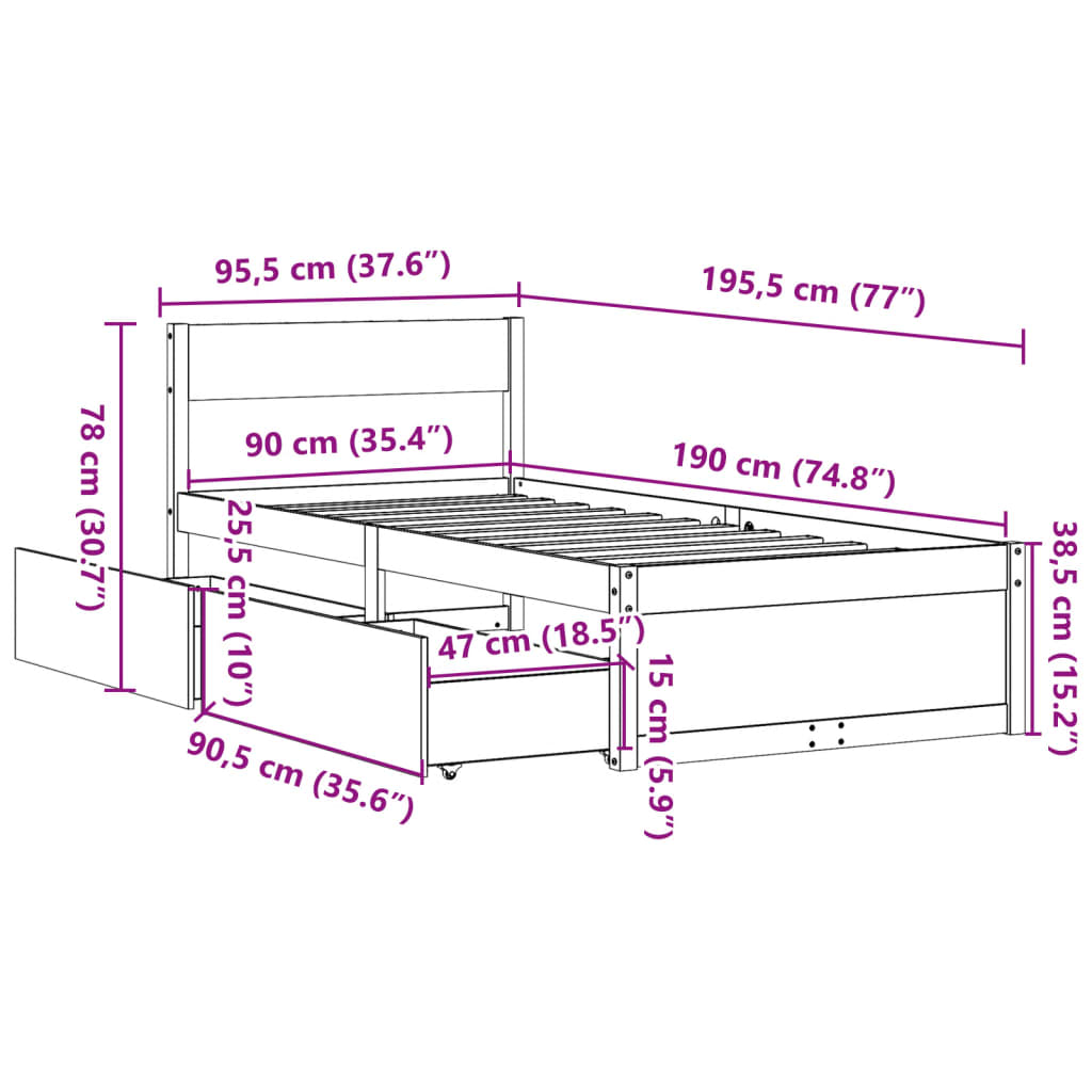 vidaXL Σκελετός Κρεβατιού Χωρίς Στρώμα 90x190 εκ Μασίφ Ξύλο Πεύκου