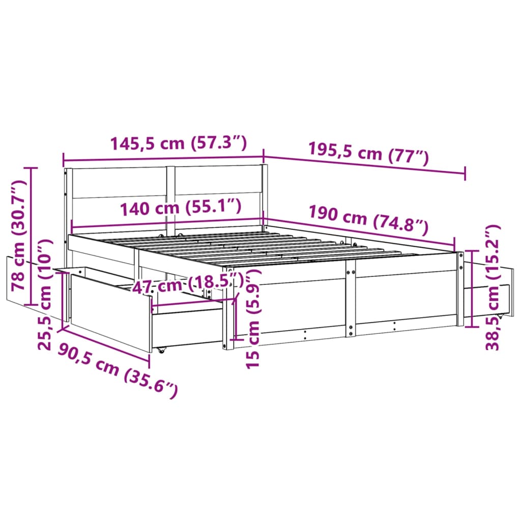 vidaXL Σκελετός Κρεβατιού Χωρίς Στρώμα 140x190 εκ Μασίφ Ξύλο Πεύκου