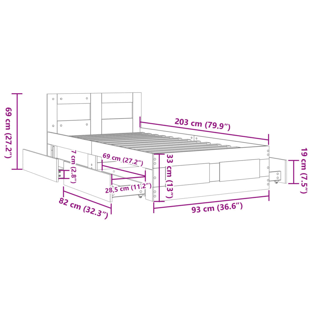 vidaXL Πλαίσιο Κρεβατιού με Κεφαλάρι Γκρι Sonoma 90x200 εκ. Επεξ. Ξύλο