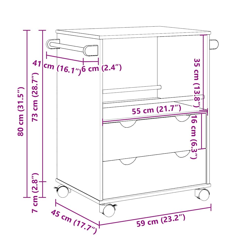 vidaXL Τρόλεϊ Κουζίνας OTTA 59x45x80 εκ. από Μασίφ Ξύλο Πεύκου