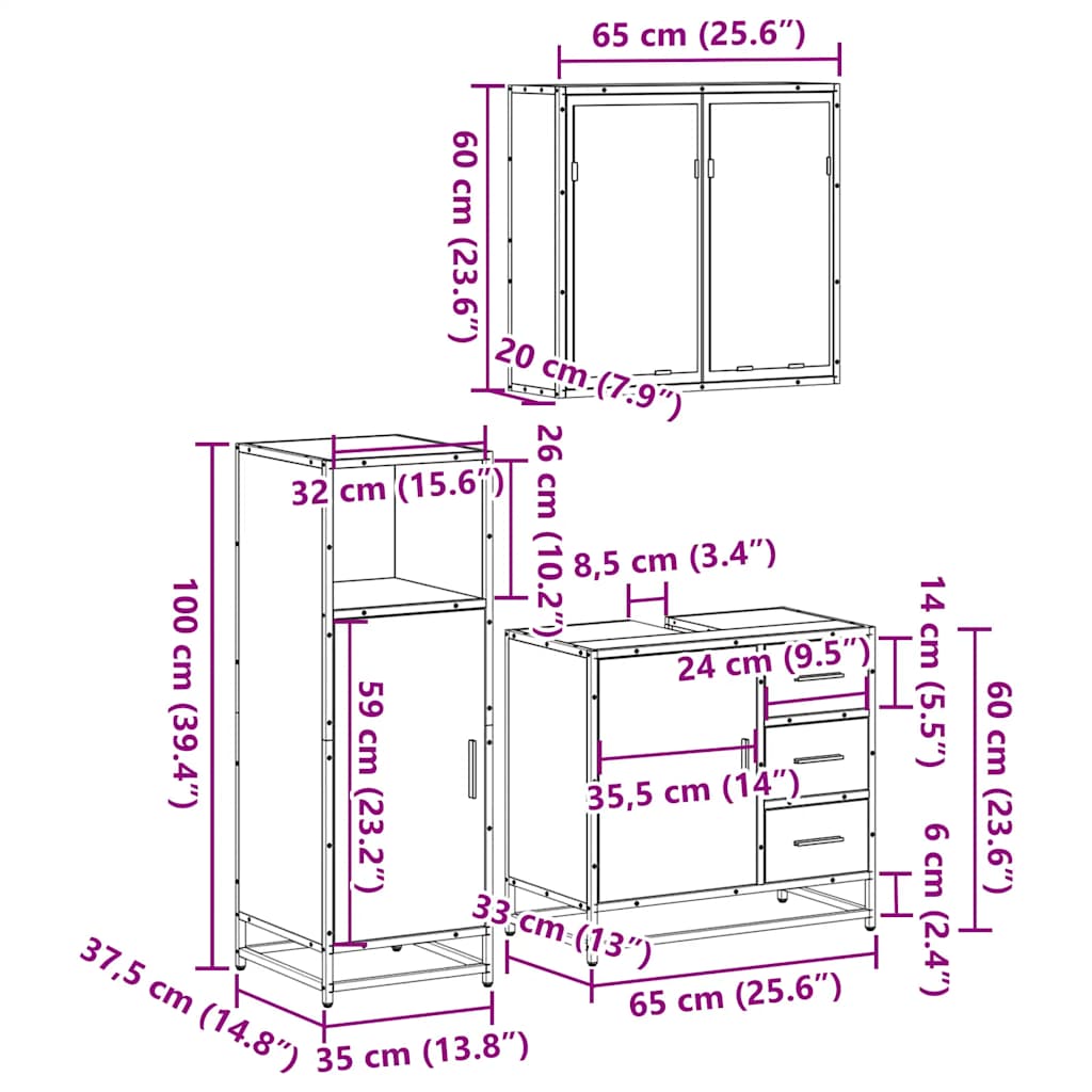 vidaXL Σετ Επίπλων Μπάνιου 3 Τεμαχίων Καφέ Δρυς από Τεχν. Ξύλο