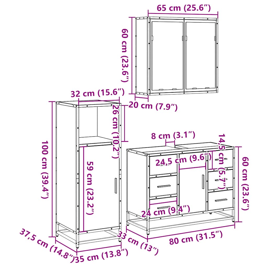 vidaXL Σετ Επίπλων Μπάνιου 3 Τεμαχίων Καφέ Δρυς από Τεχν. Ξύλο
