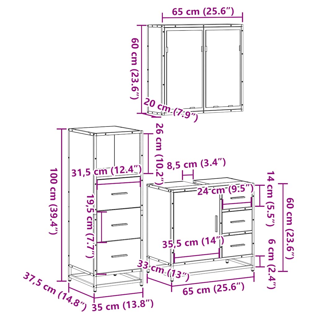 vidaXL Σετ Επίπλων Μπάνιου 3 Τεμαχίων Καφέ Δρυς από Τεχν. Ξύλο