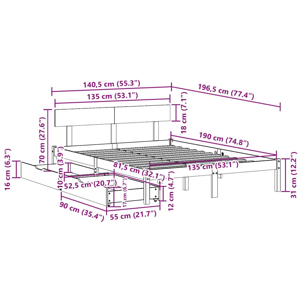vidaXL Σκελετός Κρεβ. Χωρίς Στρώμα Λευκό 135x190 εκ Μασίφ Πεύκο