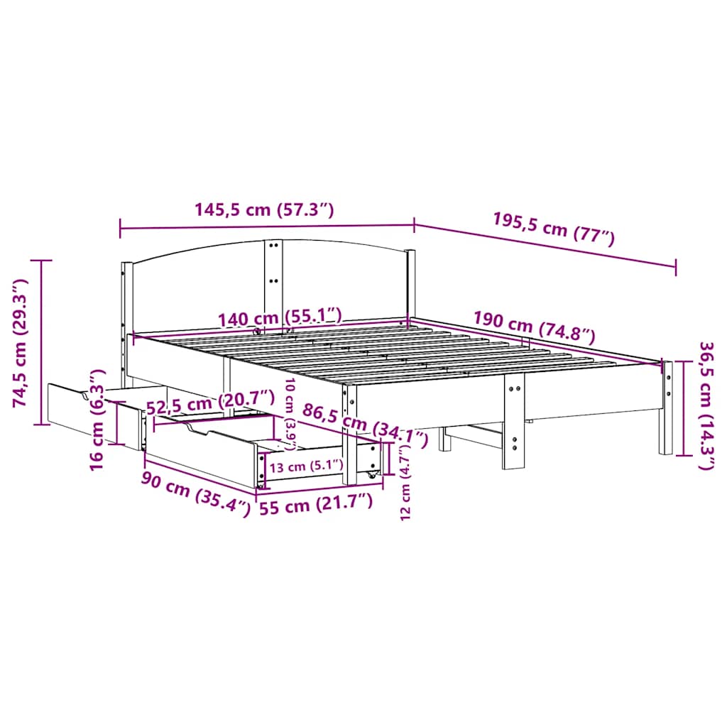 vidaXL Σκελετός Κρεβ. Χωρίς Στρώμα Λευκό 140x190 εκ Μασίφ Πεύκο