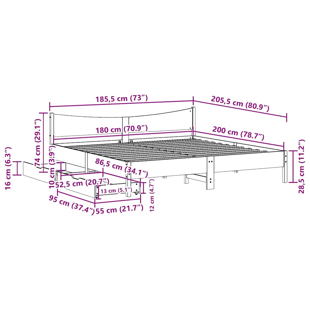 vidaXL Πλαίσιο Κρεβατιού με Συρτάρια Λευκό 180x200εκ Μασίφ Ξύλο Πεύκου