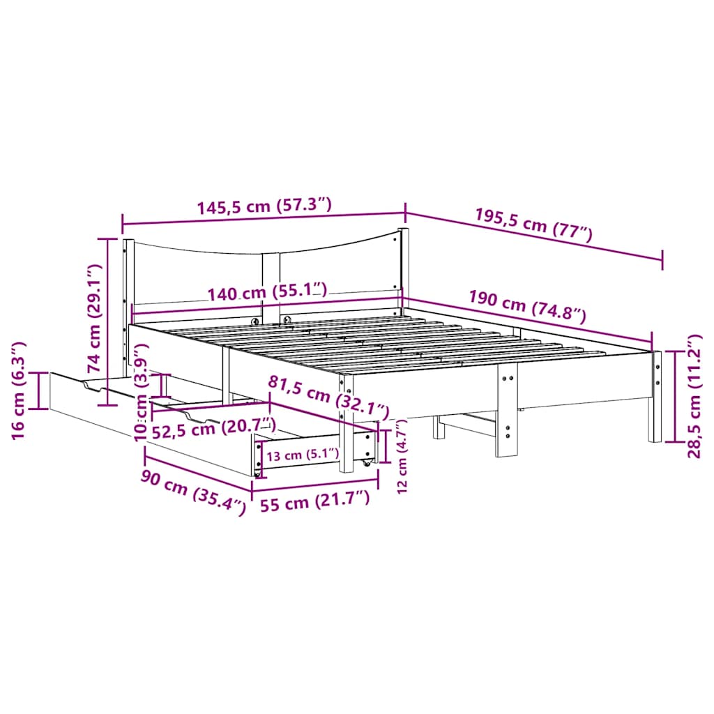 vidaXL Πλαίσιο Κρεβατιού με Συρτάρια 140x190 εκ Μασίφ Ξύλο Πεύκο