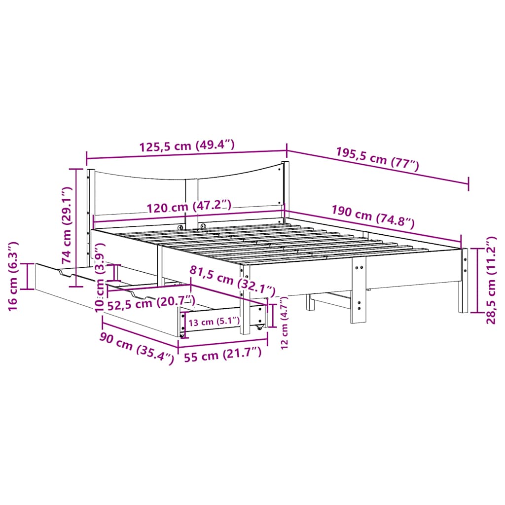 vidaXL Πλαίσιο Κρεβατιού με Συρτάρια 120x190 εκ Μασίφ Ξύλο Πεύκο