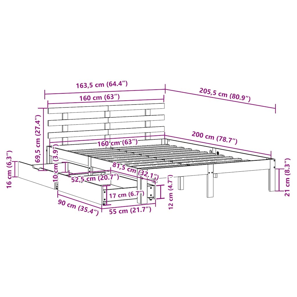 vidaXL Πλαίσιο Κρεβατιού με Συρτάρια Χωρίς Στρώμα Λευκό 160x200 εκ.
