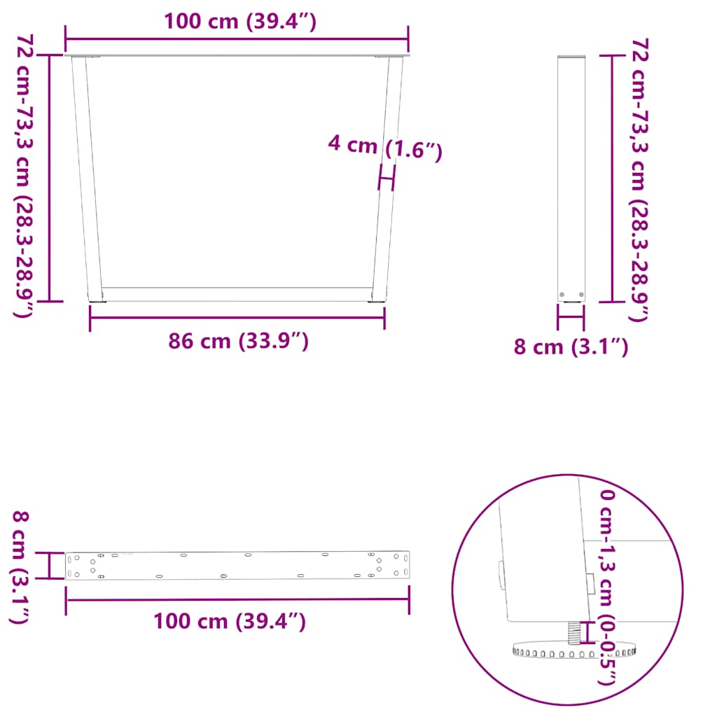 vidaXL Πόδια Τραπεζαρίας Σχήματος V 3 τεμ. Λευκά 100x (72-73,3) εκ. Ατσάλι