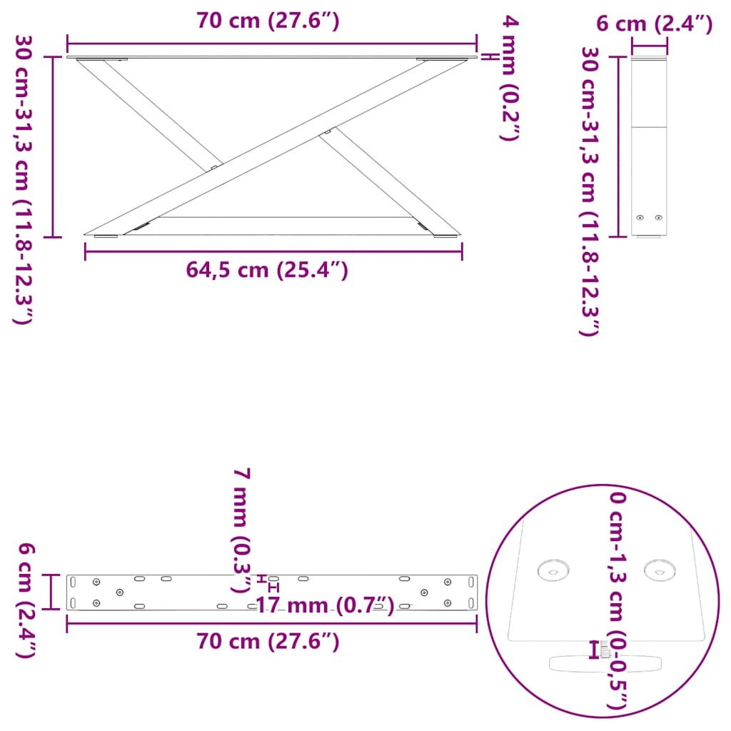 vidaXL Πόδια Τραπεζιού Σαλονιού 2 τεμ. Μαύρο 70x(30-31,3) εκ. Ατσάλι