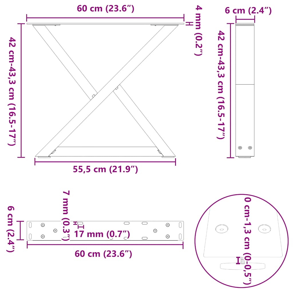 vidaXL Πόδια Τραπεζιού Σαλονιού 2 τεμ. Ανθρακί 60x(42-43,3) εκ. Ατσάλι
