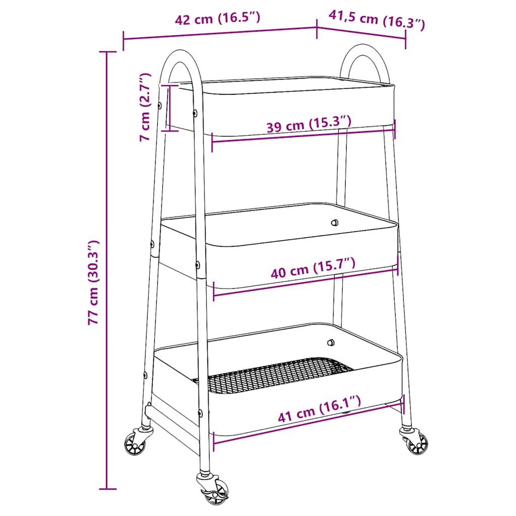vidaXL Τρόλεϊ Αποθήκευσης 3 Επιπέδων Ροζ 42x41,5x77 εκ. Ατσάλινο