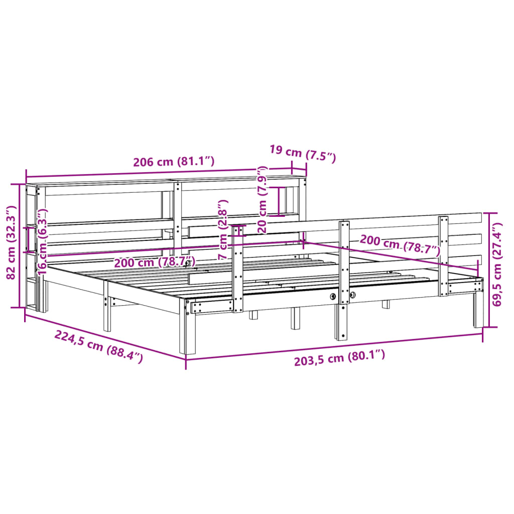 vidaXL Πλαίσιο Κρεβατιού με Κεφαλάρι 200x200 εκ. από Μασίφ Ξύλο Πεύκου