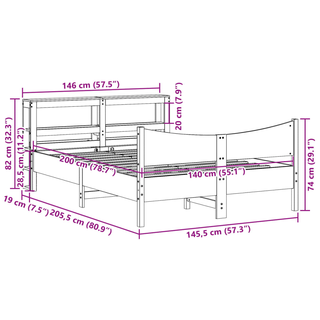vidaXL Πλαίσιο Κρεβατιού με Κεφαλάρι 140x200 εκ. από Μασίφ Ξύλο Πεύκου