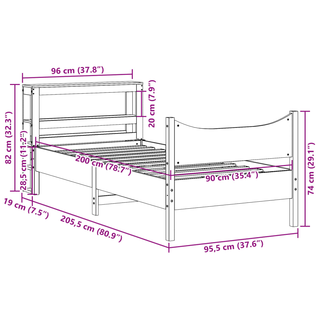 vidaXL Πλαίσιο Κρεβατιού με Κεφαλάρι Λευκό 90x200 εκ Μασίφ Ξύλο Πεύκου