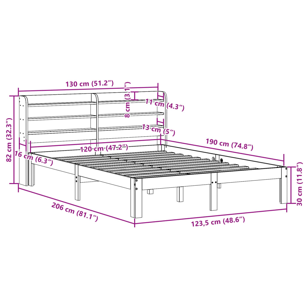 vidaXL Πλαίσιο Κρεβατιού με Κεφαλάρι Λευκό 120x190 εκ. Μασίφ Πεύκου