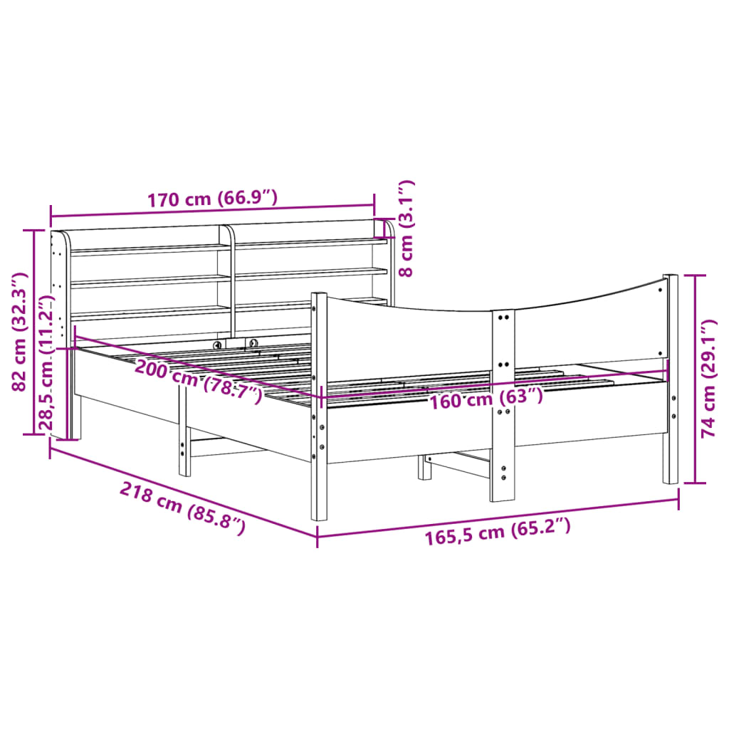 vidaXL Πλαίσιο Κρεβατιού με Κεφαλάρι Μελί 160x200εκ. Μασίφ Ξύλο Πεύκου