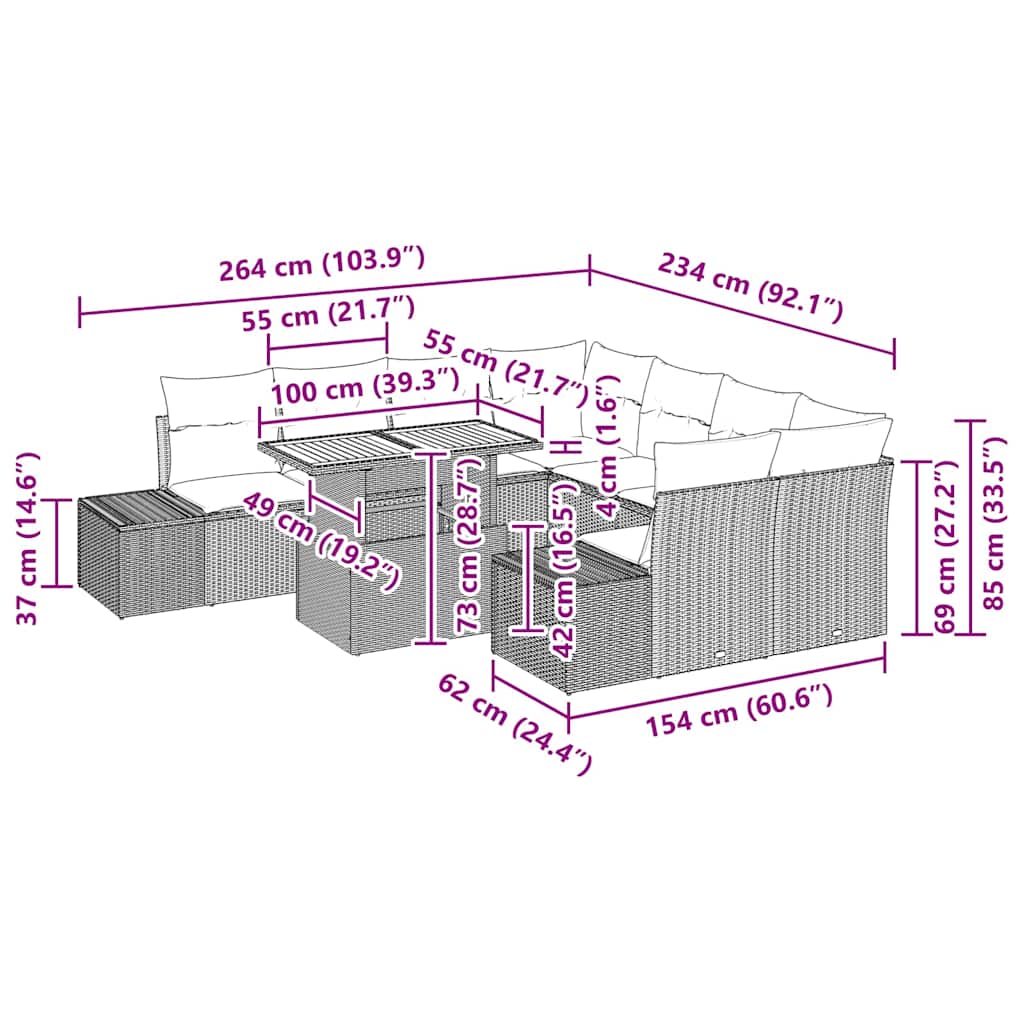 vidaXL Σετ Εξωτερικού Χώρου 9 Τεμαχίων με Μαξιλάρια Μπεζ Πολυ Ρατάν Ακακίας