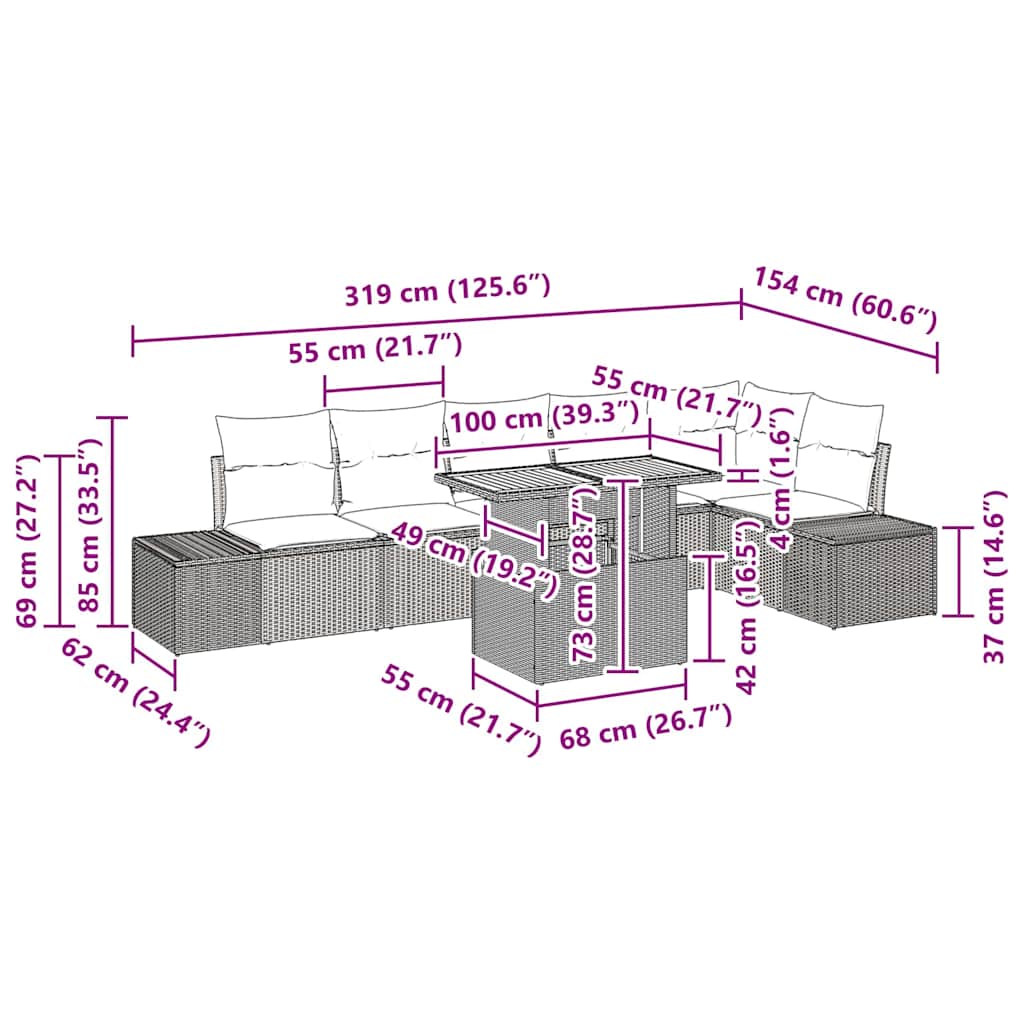 vidaXL Σετ 7 Τεμαχίων Κήπου με Μαξιλάρια Μπεζ Poly Rattan Acacia