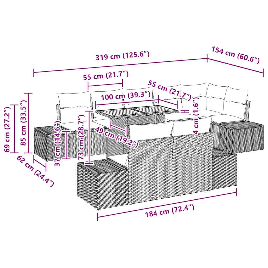vidaXL Σετ Δείπνου Κήπου 9 Τεμαχίων με Μαξιλάρια Μπεζ Πολυ Ρατάν Ακακίας
