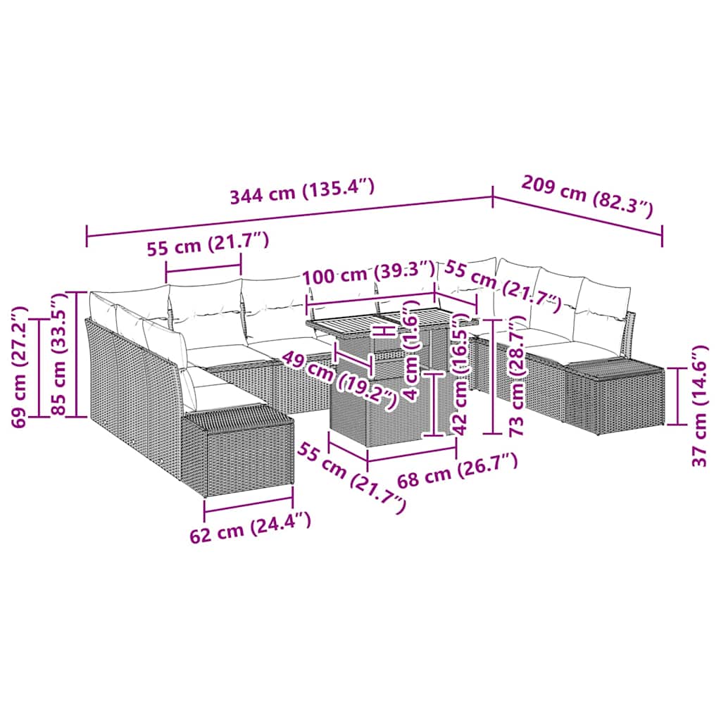 vidaXL Σετ Εξωτερικών Υποδοχών 11 Τεμαχίων με Μαξιλάρια Μαύρο Πολυ Ράτανα Ακακία
