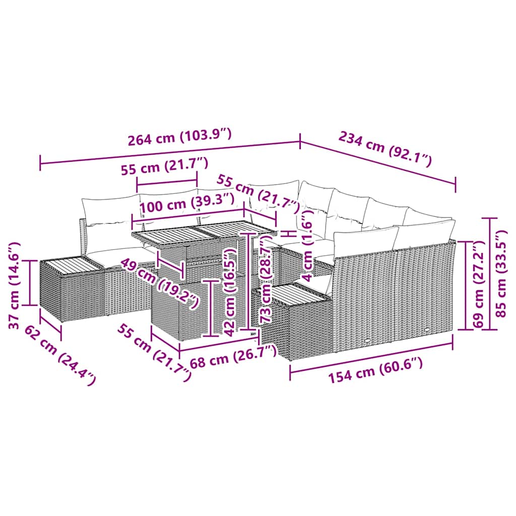 vidaXL Σετ Κήπου 9 Τεμαχίων με Μαξιλάρια Μαύρο Πολυ Ρατάν Ακακία
