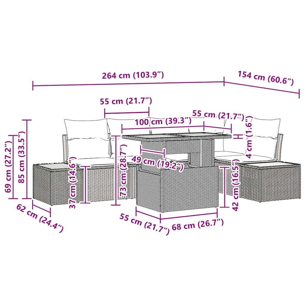 vidaXL Σετ Τραπεζαρίας Κήπου 6 Τεμαχίων με Μαξιλάρια Μπεζ Πολυ Ρατάν Ακακία