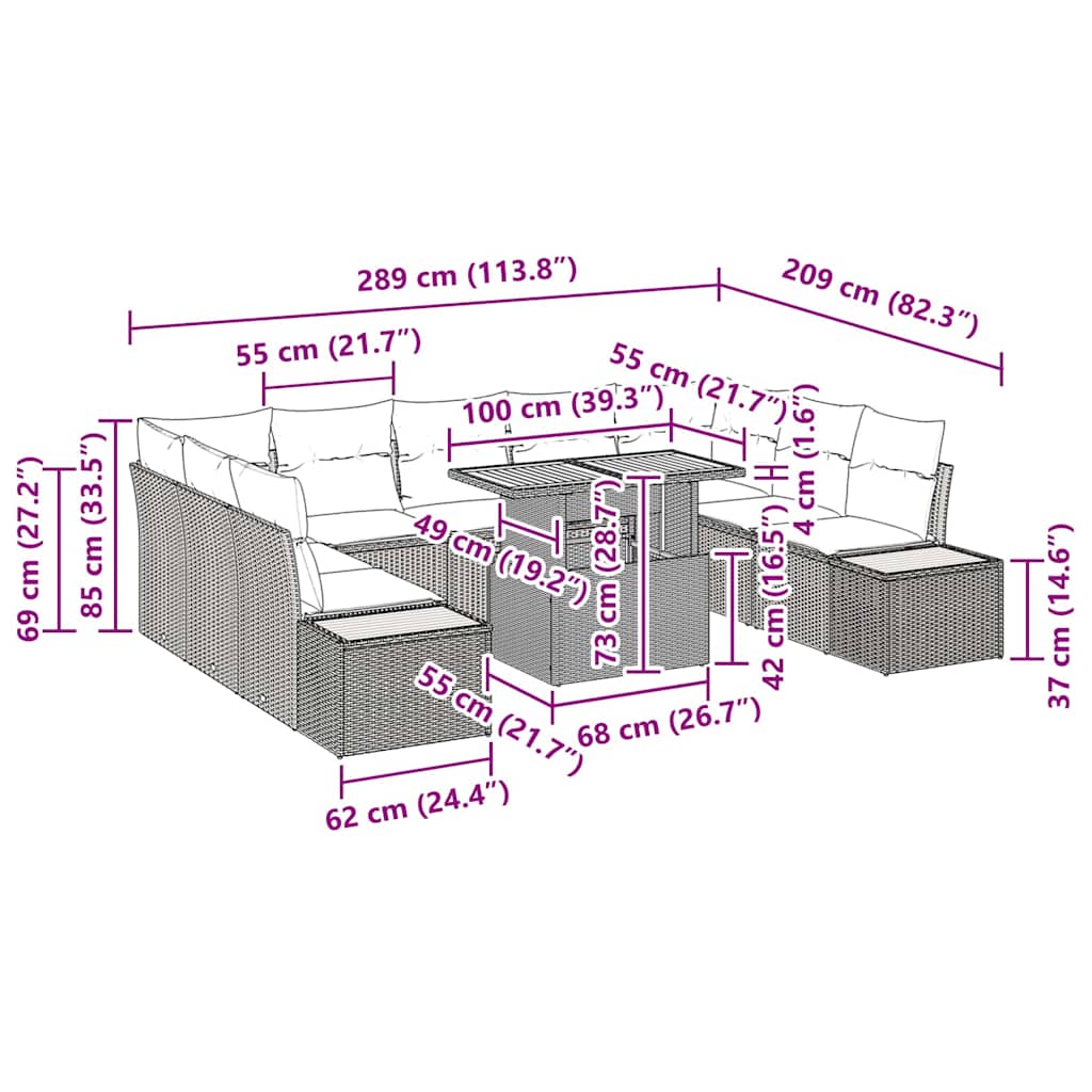 vidaXL Σετ Κήπου 10 Τεμαχίων με Μαξιλάρια Μπεζ Ρατάν και Ακακία