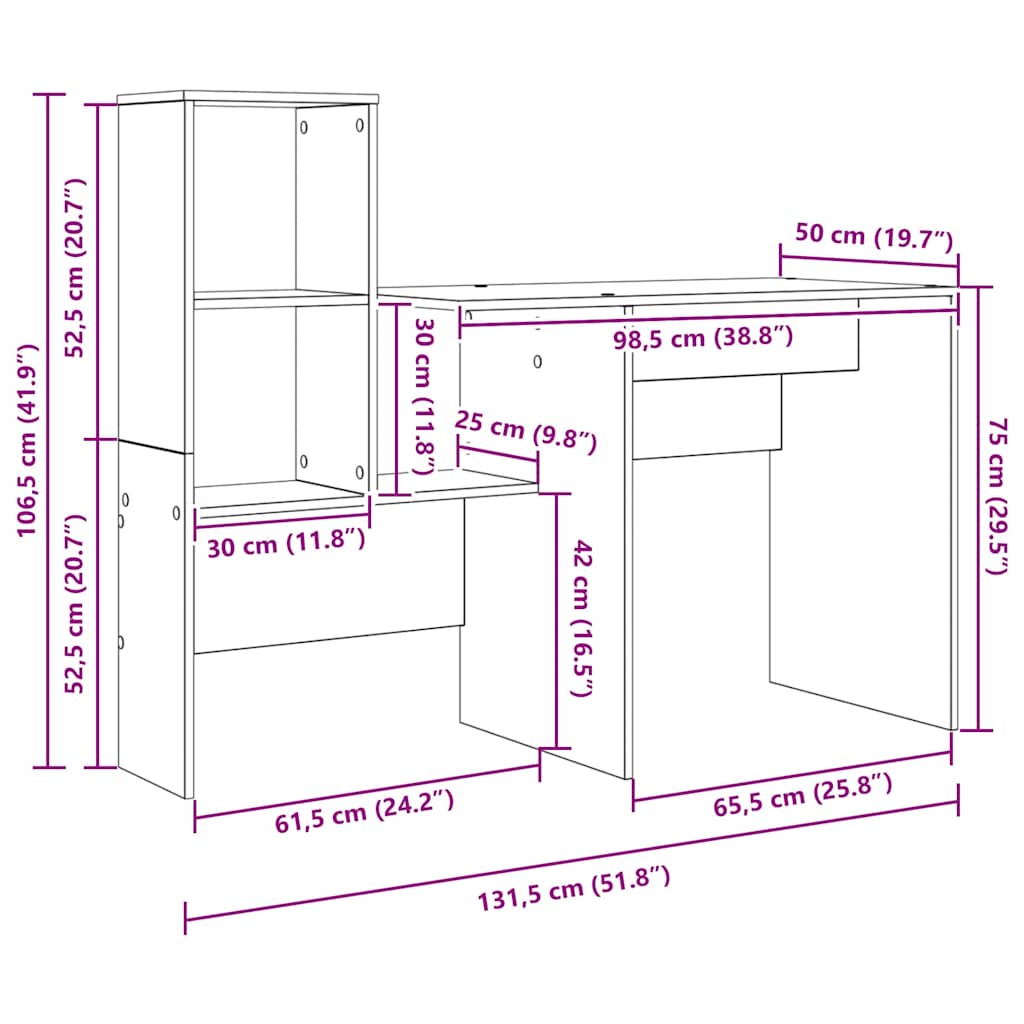 vidaXL Γραφείο Μαύρη δρυς 131.5 x 50 x 106.5 εκ. Επεξεργασμένο ξύλο