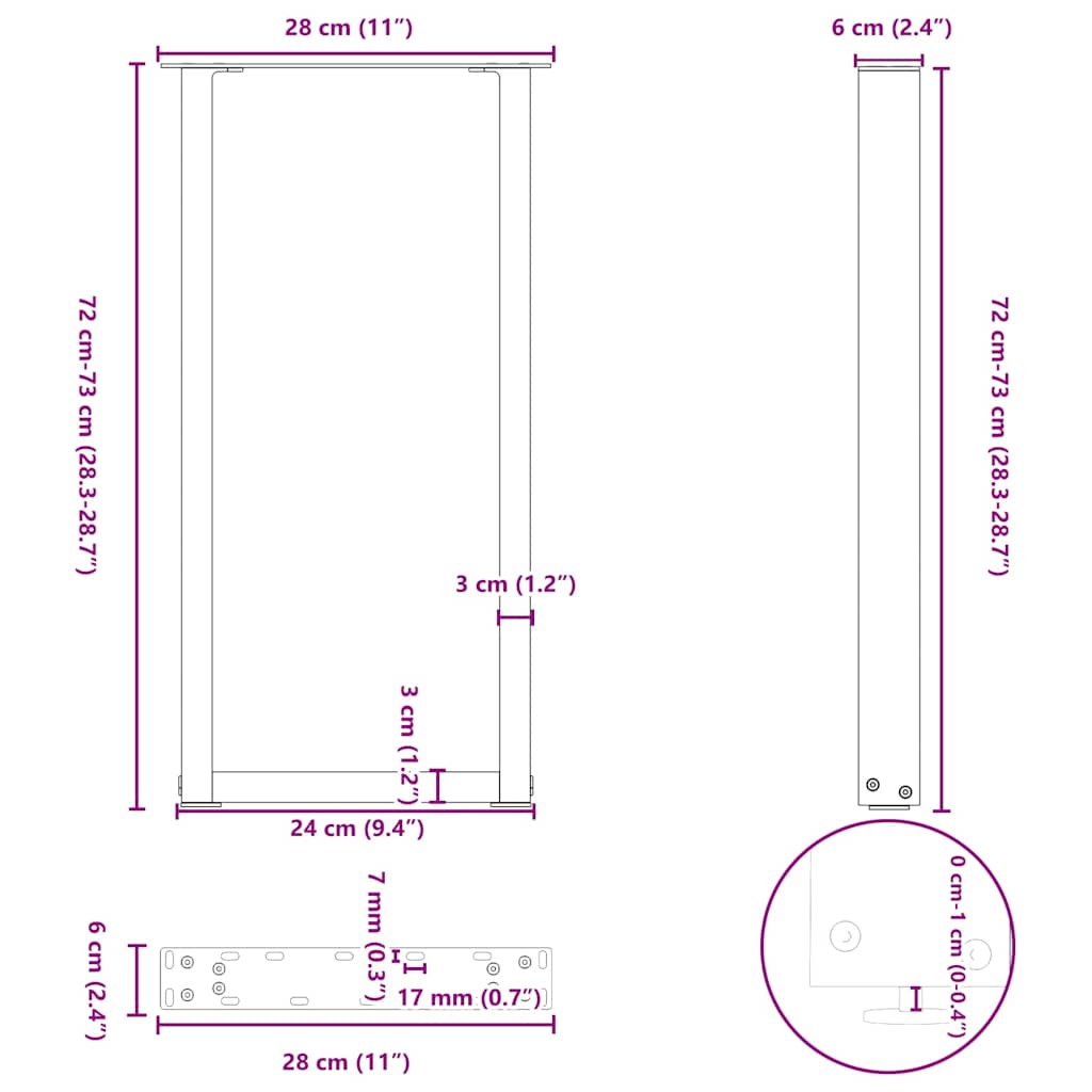 vidaXL Πόδια Κονσόλας σε Σχήμα U 2 τεμ. Μαύρο 28x(72-73) εκ. Ατσάλι